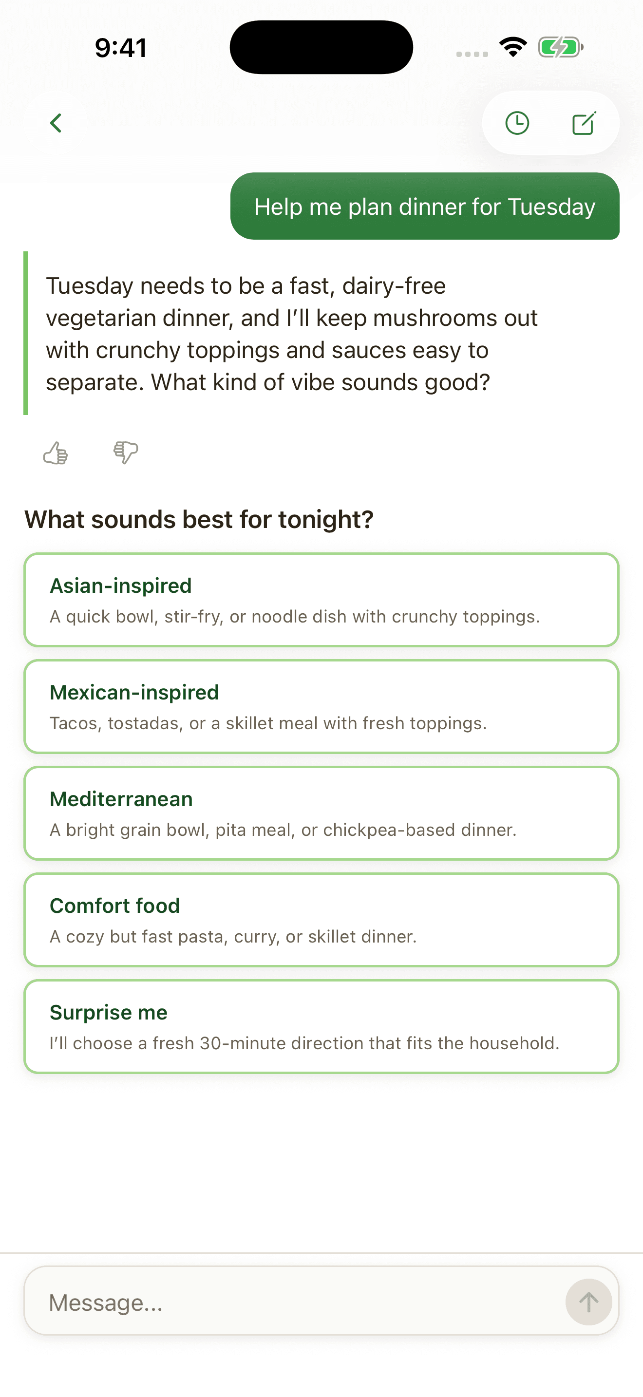 Asked to help plan dinner for Tuesday, Suppa remembers the household needs a fast, dairy-free vegetarian meal with no mushrooms and crunchy toppings on the side, then offers five dinner directions to choose from.