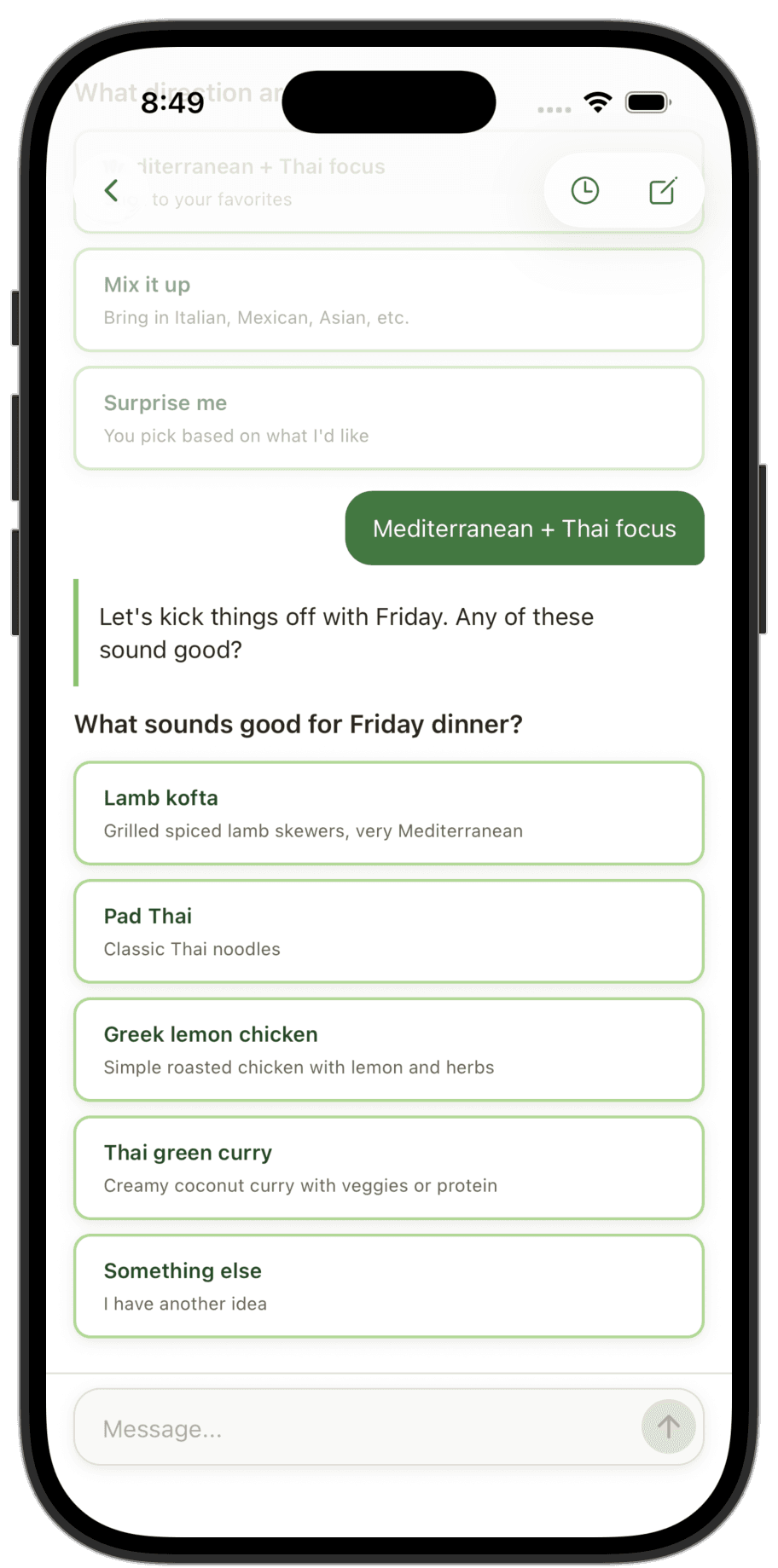 Suppa assistant chat suggesting Friday dinner options