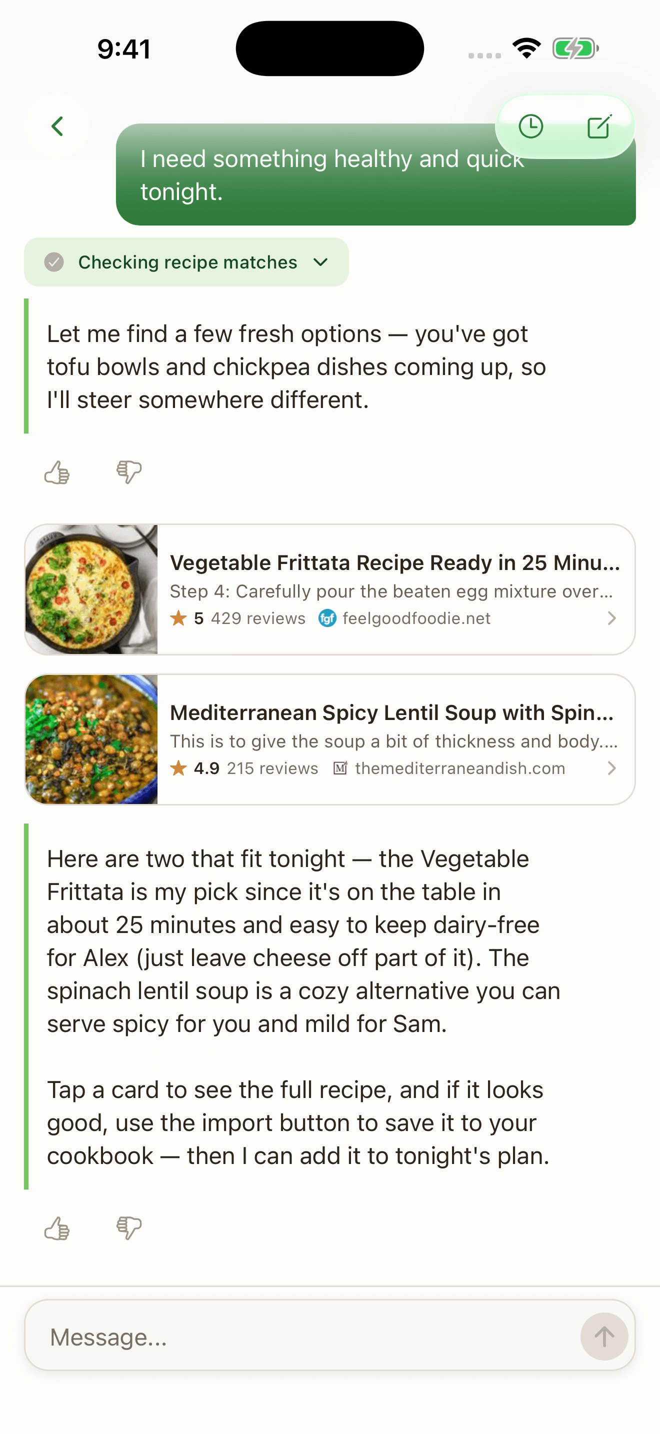 Real Suppa conversation with photographed recipes for a quick dinner