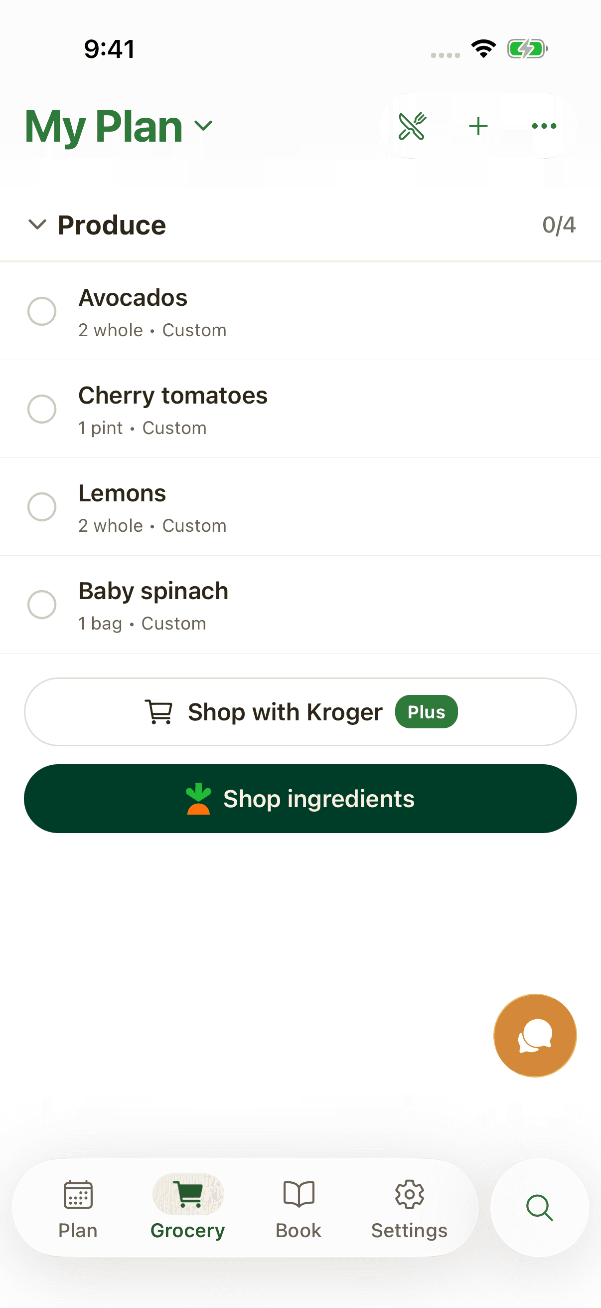 Suppa grocery list with Kroger and Instacart shopping options