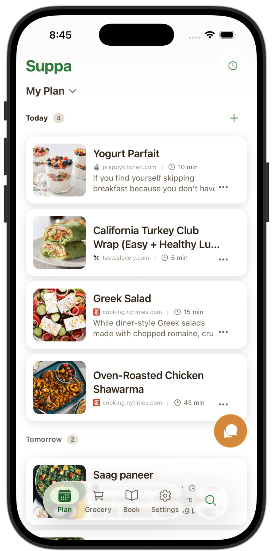 Suppa meal plan screen showing today's recipes