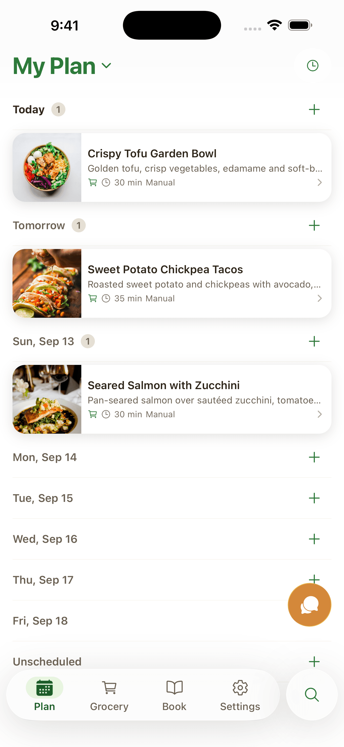 Suppa meal plan with the week's recipes organized by day