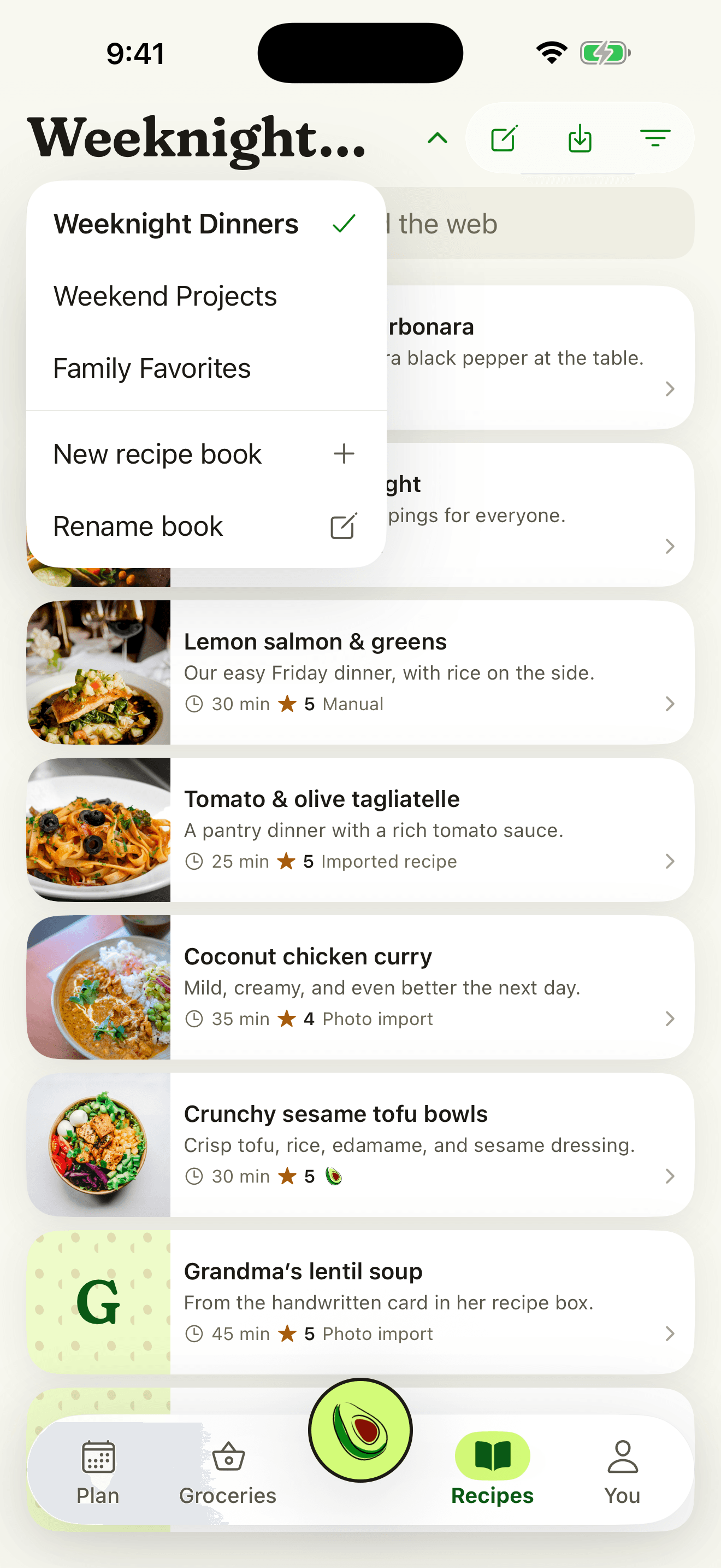 Suppa recipe book called Weeknight Dinners, with imported, photo-imported, and hand-entered recipes
